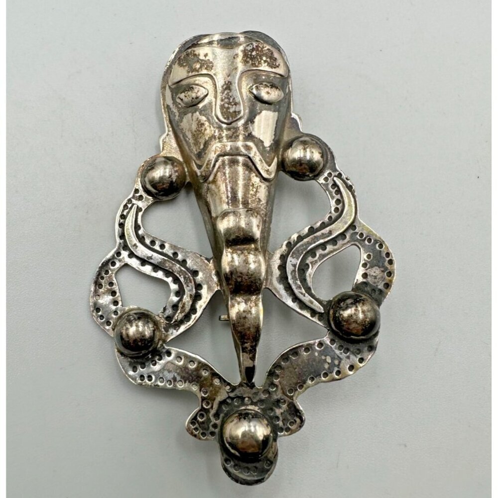 Vintage Mask Brooch Sterling Silver Tribal Face Figural Abstract Ethnic Artisan